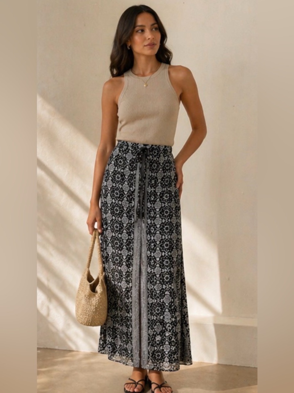 White House Black Market Black Patterned Maxi Skirt with Front Slit